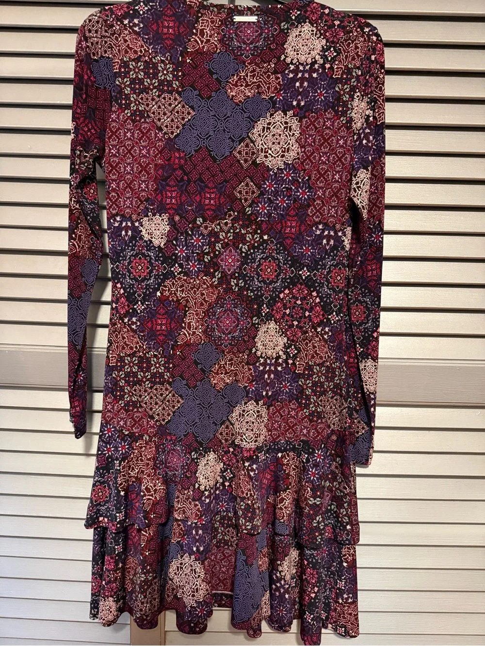Michael Kors Burgundy and Purple Long-Sleeve Patchwork Dress